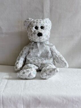 Ty Beanie Baby Star-Pattern White Decorative Bear with Silver Ribbon